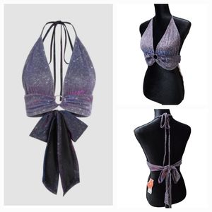 NWT Cider Glittee Purple Halter Crop Stripes Top Pole Dance Homecoming XL